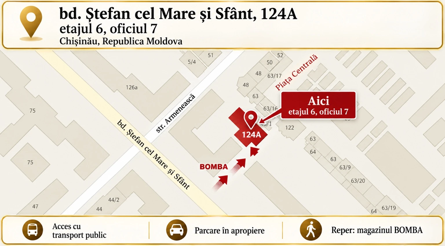 Orientation map marking 124A and the BOMBA store near Ștefan cel Mare și Sfânt Boulevard, Chișinău